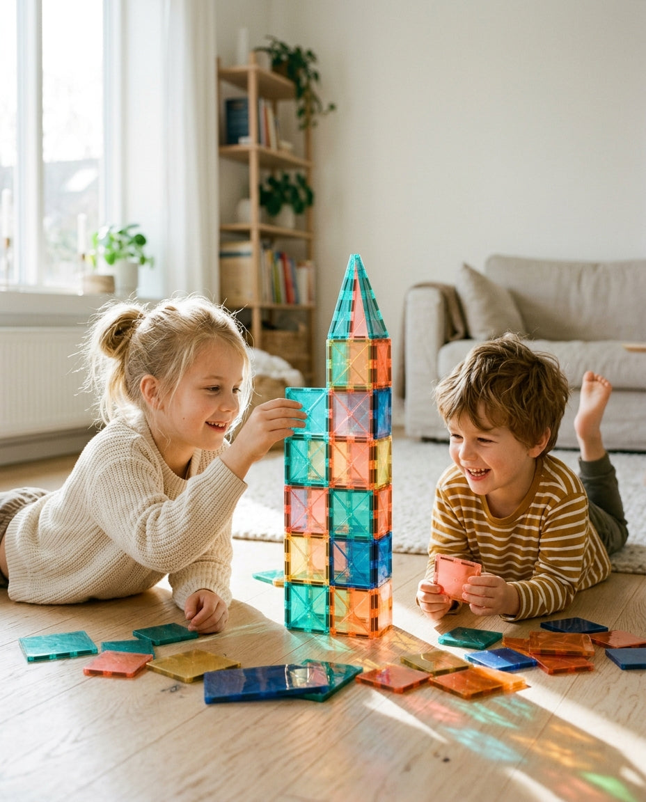 To søsken bygger et tårn med Lekverk magnetiske byggeplater